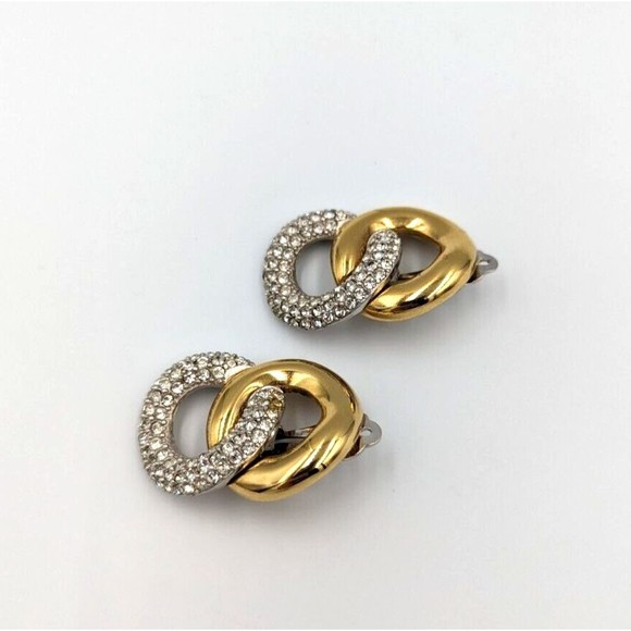 Vintage Givenchy Gold-Silver Tone Rhinestone Interlocking Links Clip On Earrings - Picture 2 of 9